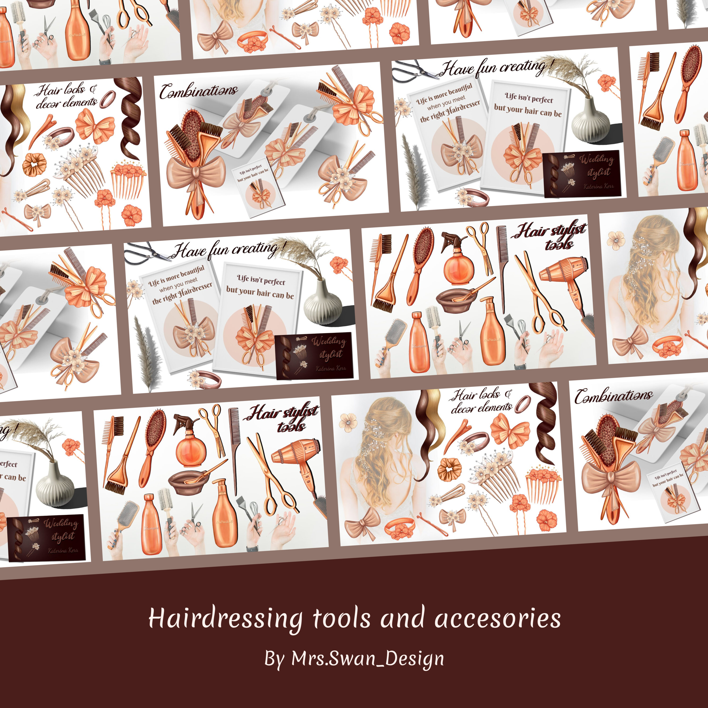 Prints of hairdressing tools and accesories.