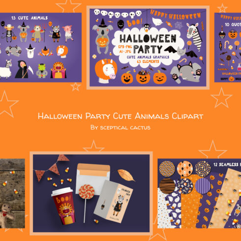 Prints of halloween party cute animals clipart.