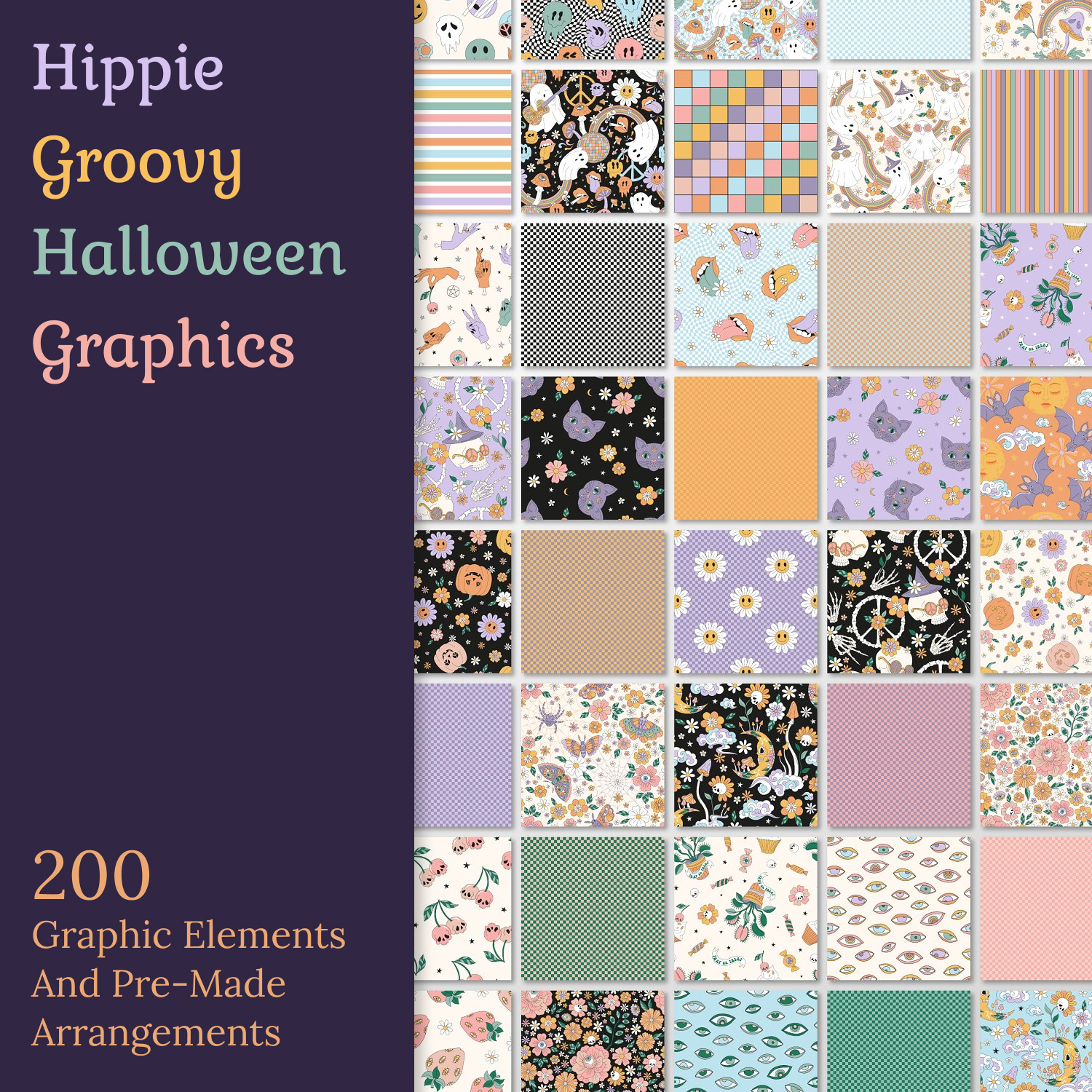 Prints of hippie groovy halloween graphics.