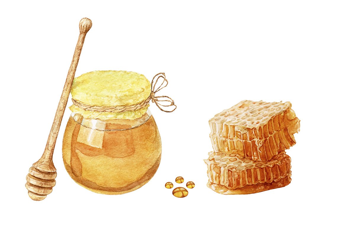 Honey in a jar and honeycomb.
