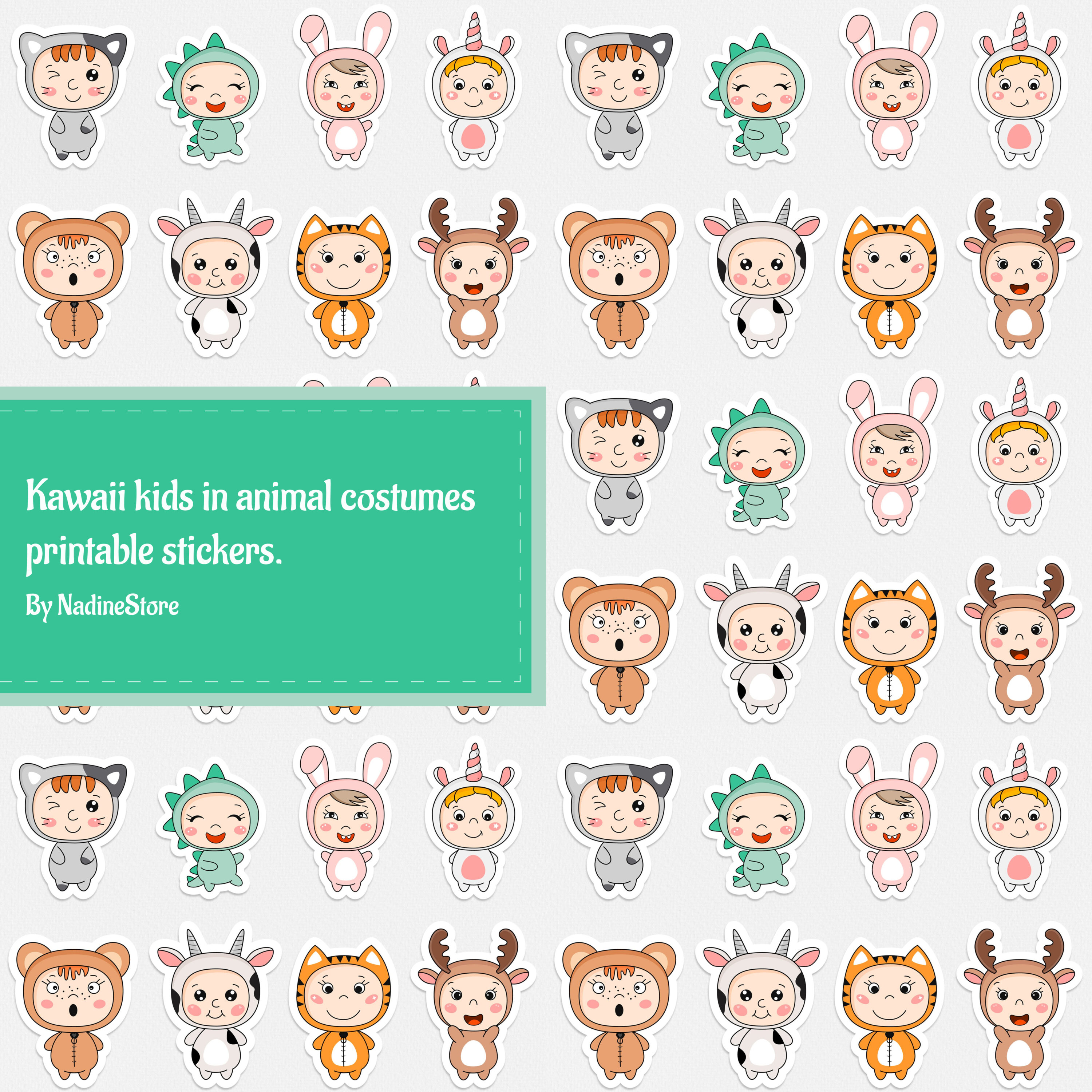 Kawaii kids in animal costumes printable stickers preview.