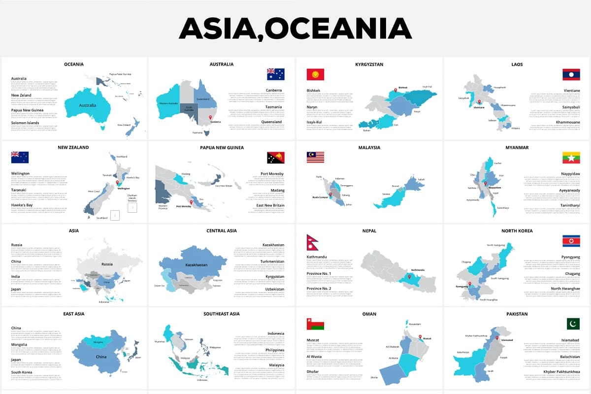 keynote maps infographics, asia, oceania slides.
