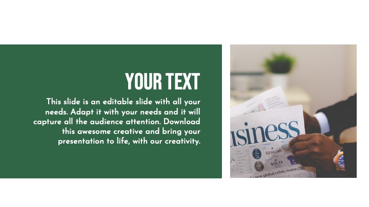 Text on a green background and a picture of business.