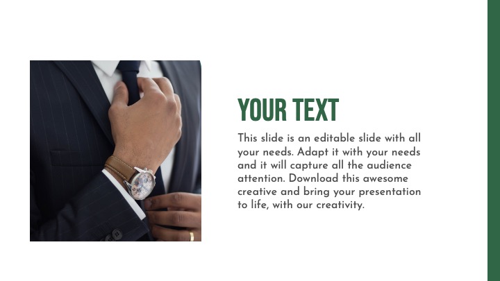 A man fixes a black necktie with green text on a white background.