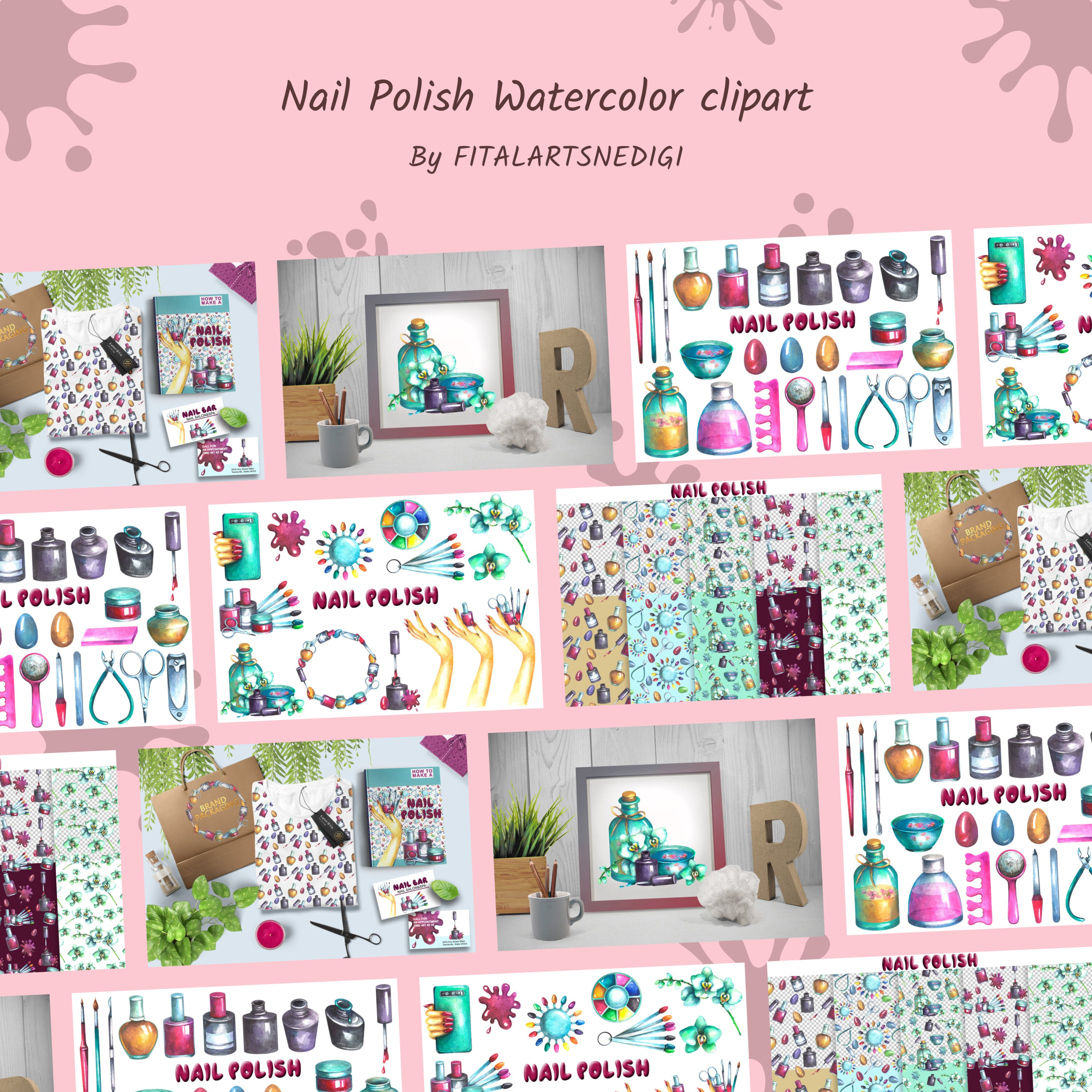 Prints of nail polish watercolor clipart.