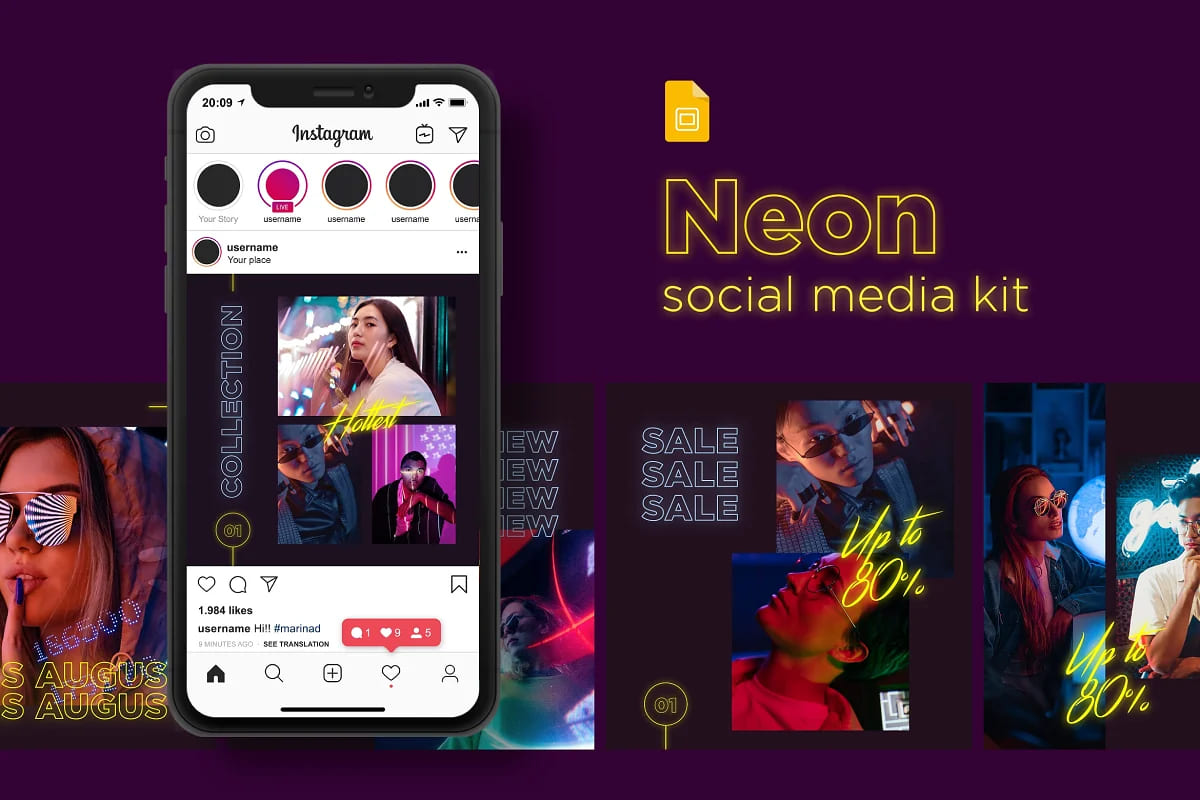 neon social media kit template.