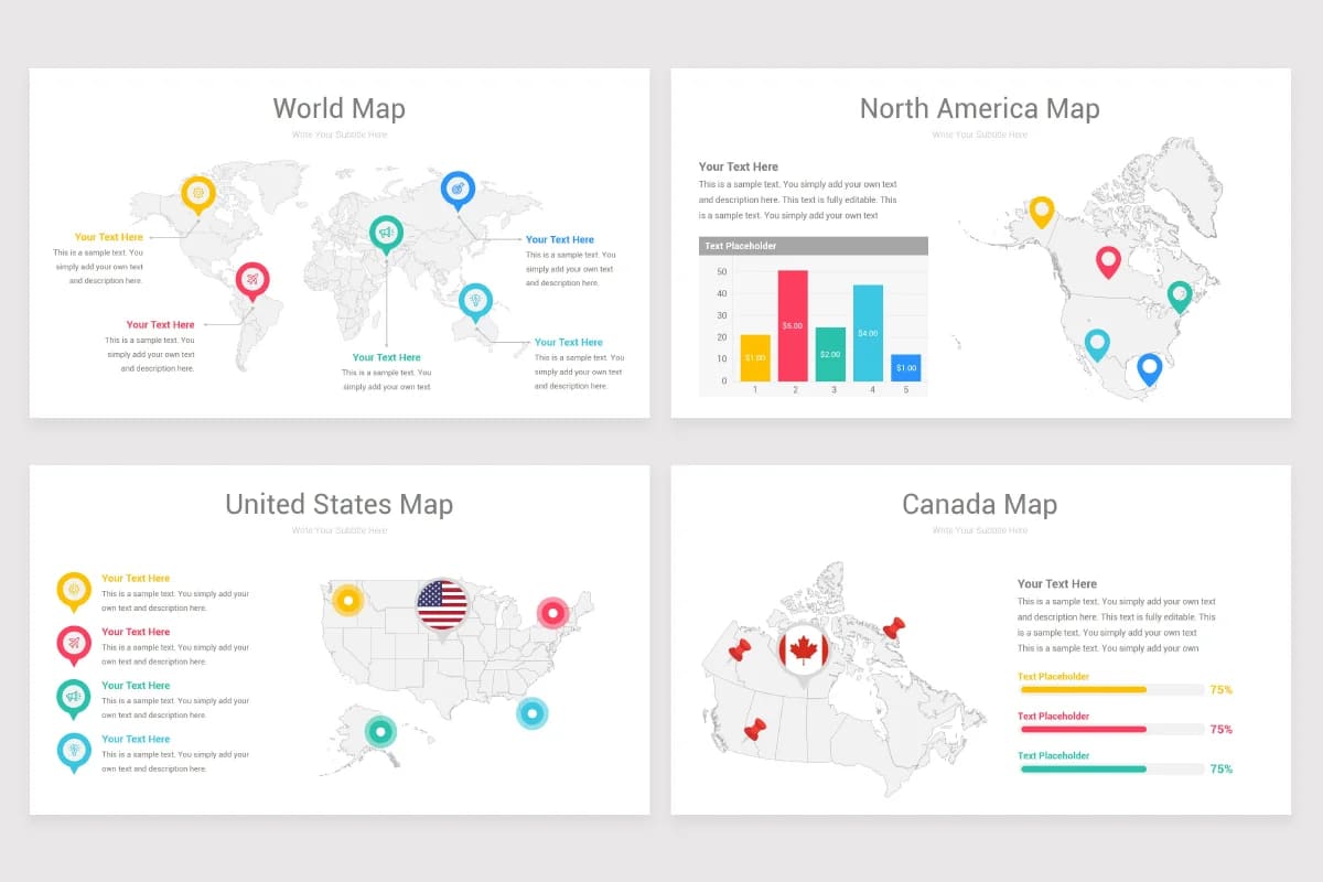 north america maps powerpoint, world, north america, united states, canada maps.
