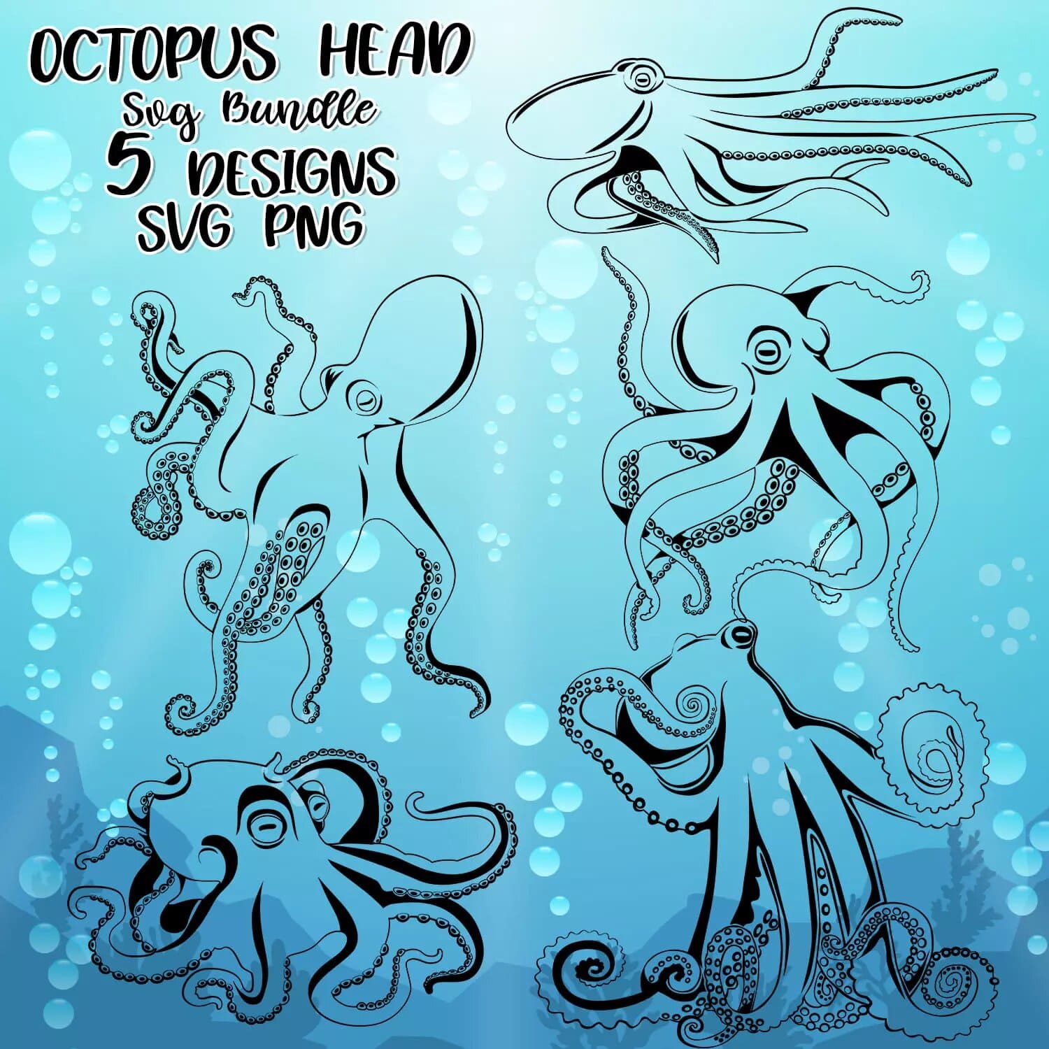 Set of octopus drawings on a blue background.