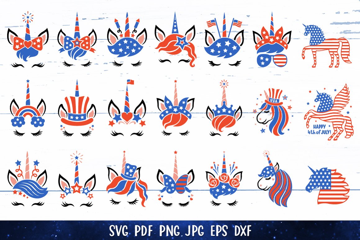 Heads of unicorns in patriotic coloring.