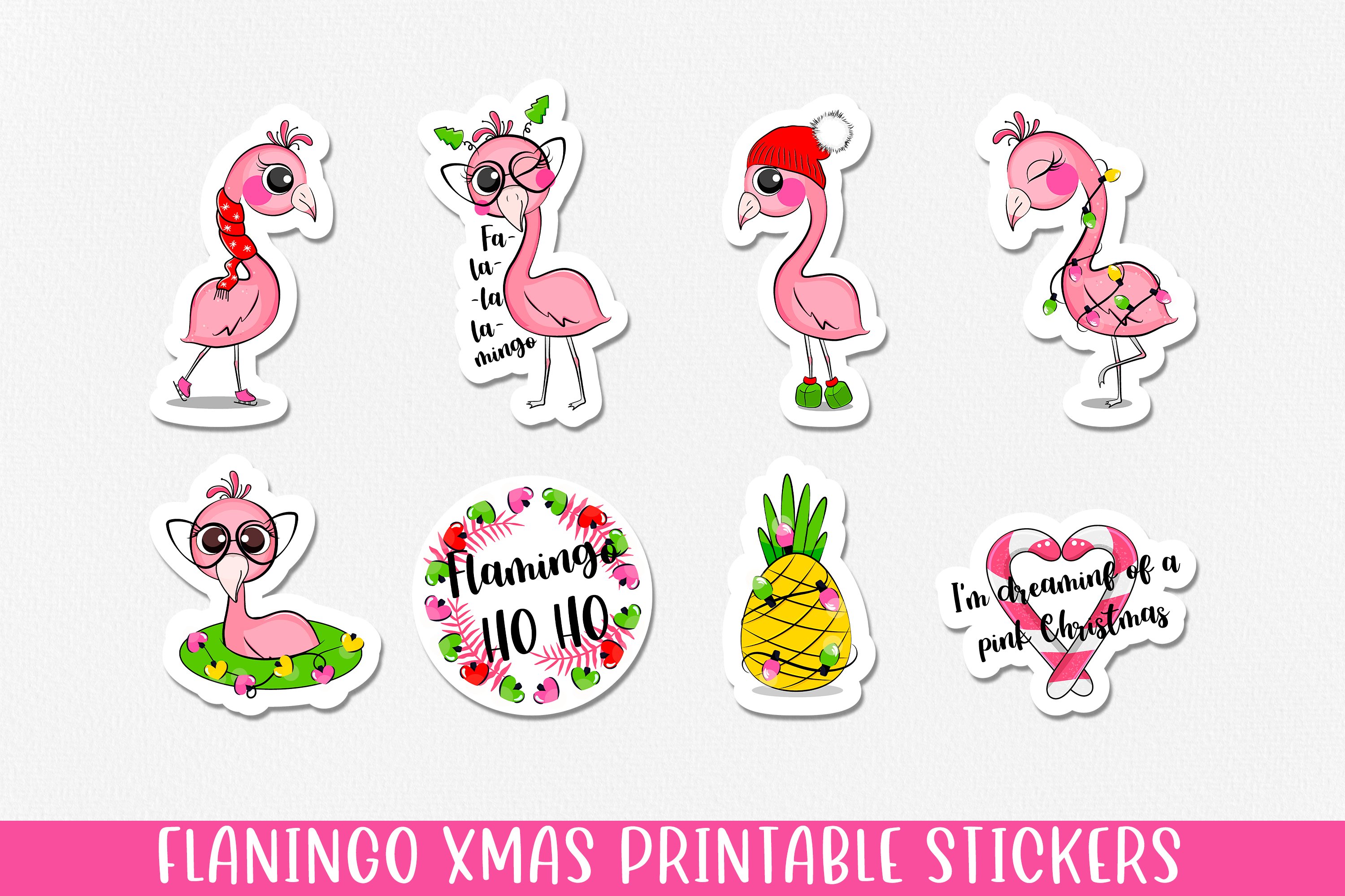 Flamingo Christmas printable stickers. PNG, JPG.