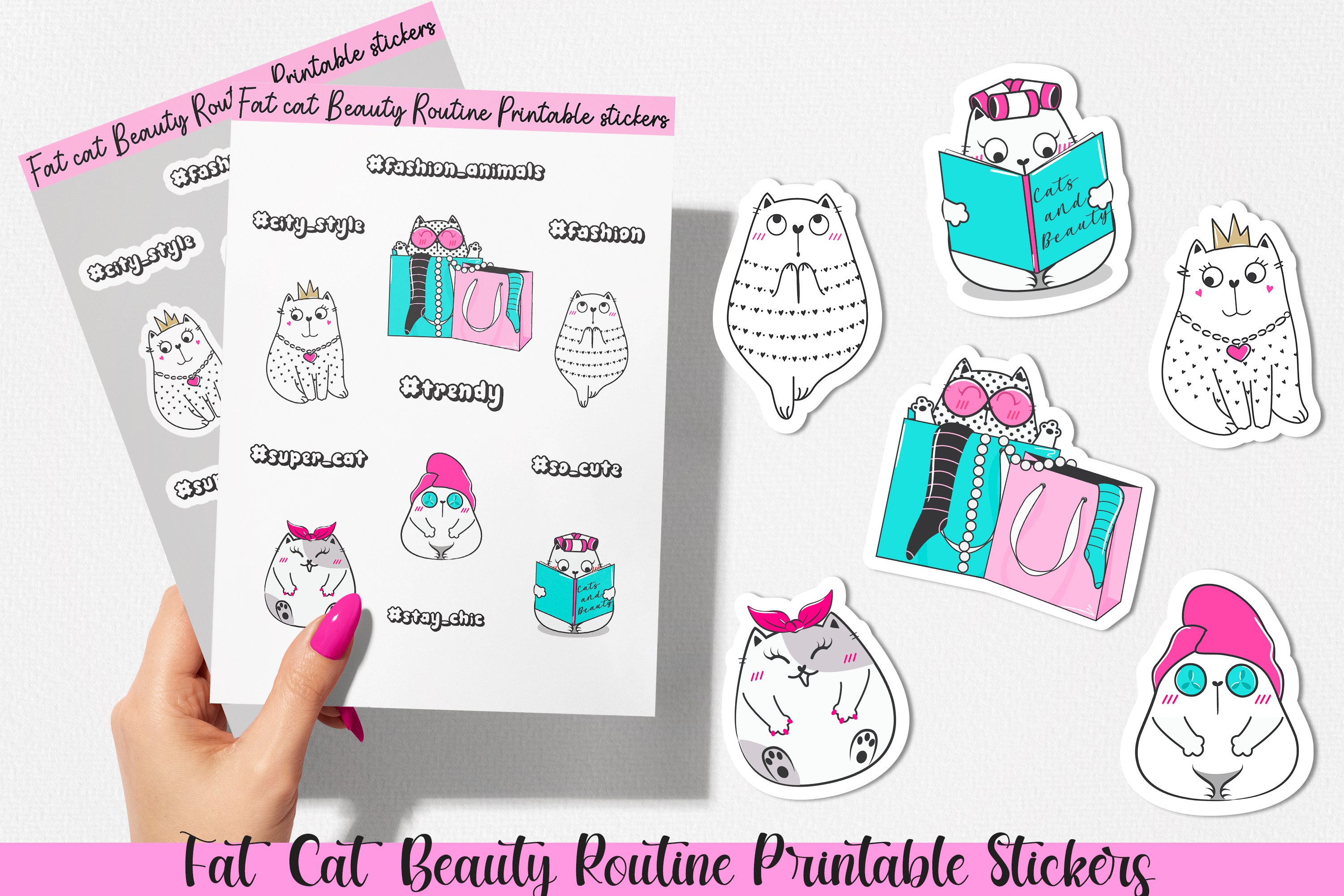 Images of fat cats on stickers.