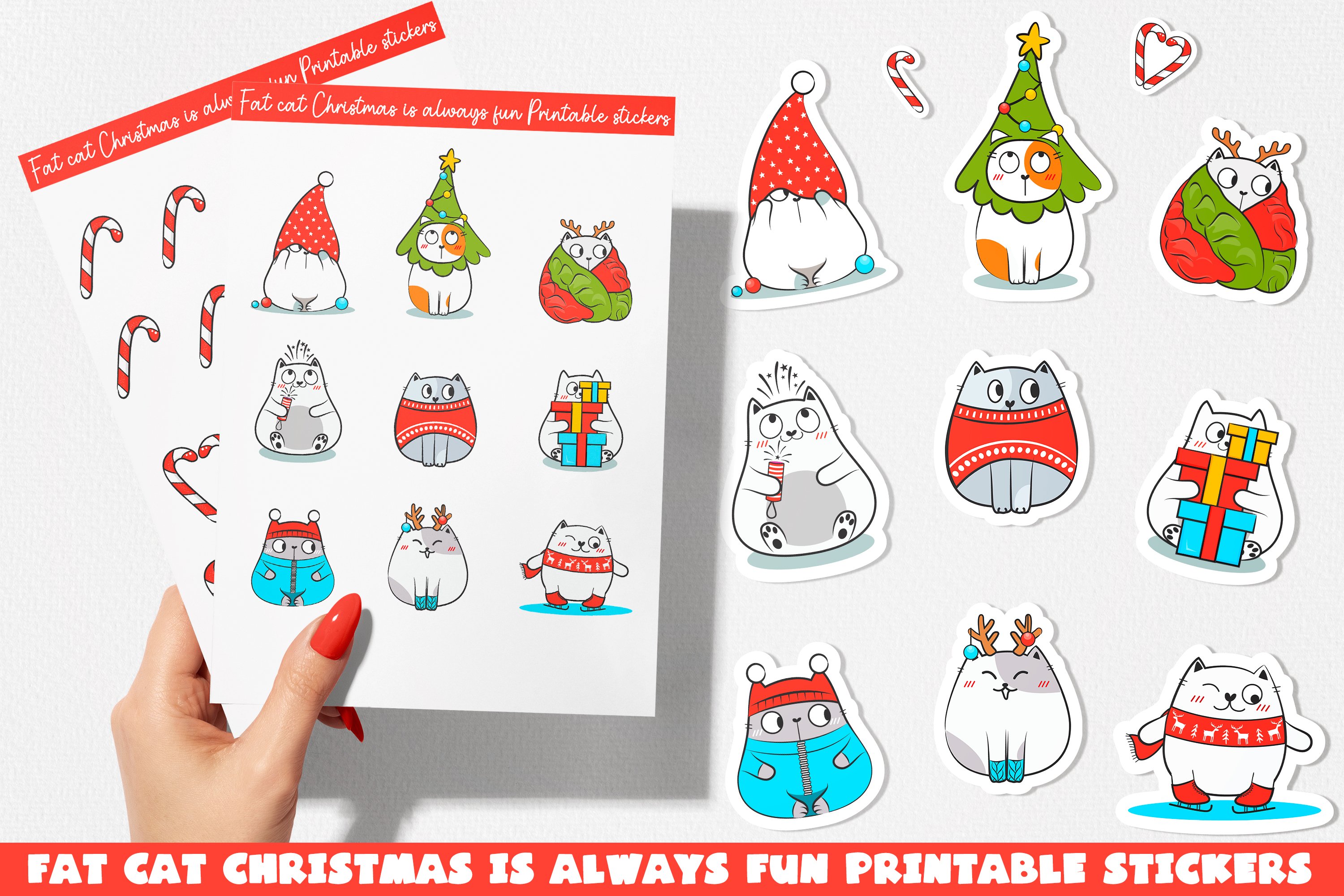 Image of bright stickers of cats on a Christmas theme.