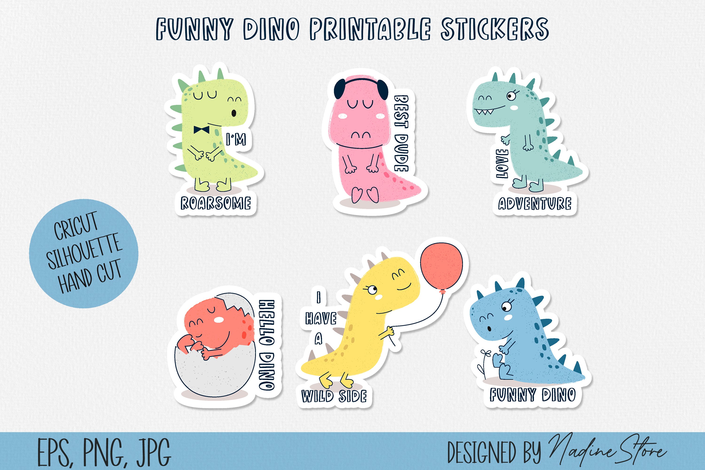 Colorful children's stickers of dinosaurs.