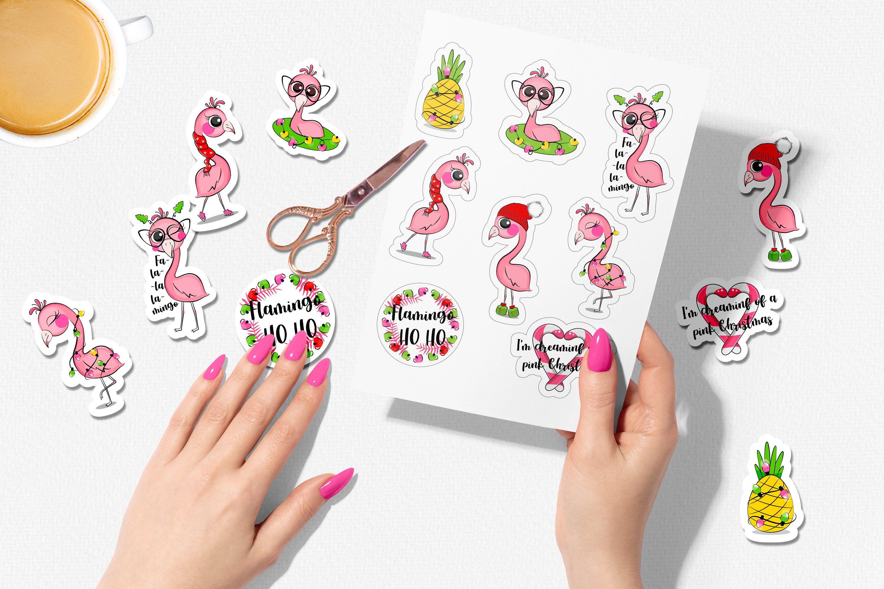 Female hands with pink flamingo pulls out stickers.