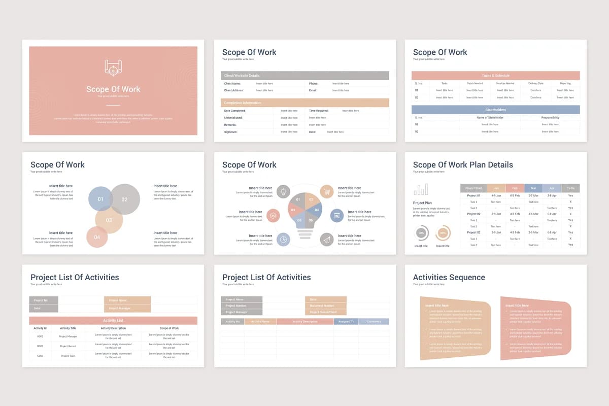project proposal powerpoint template, scope of work slides.