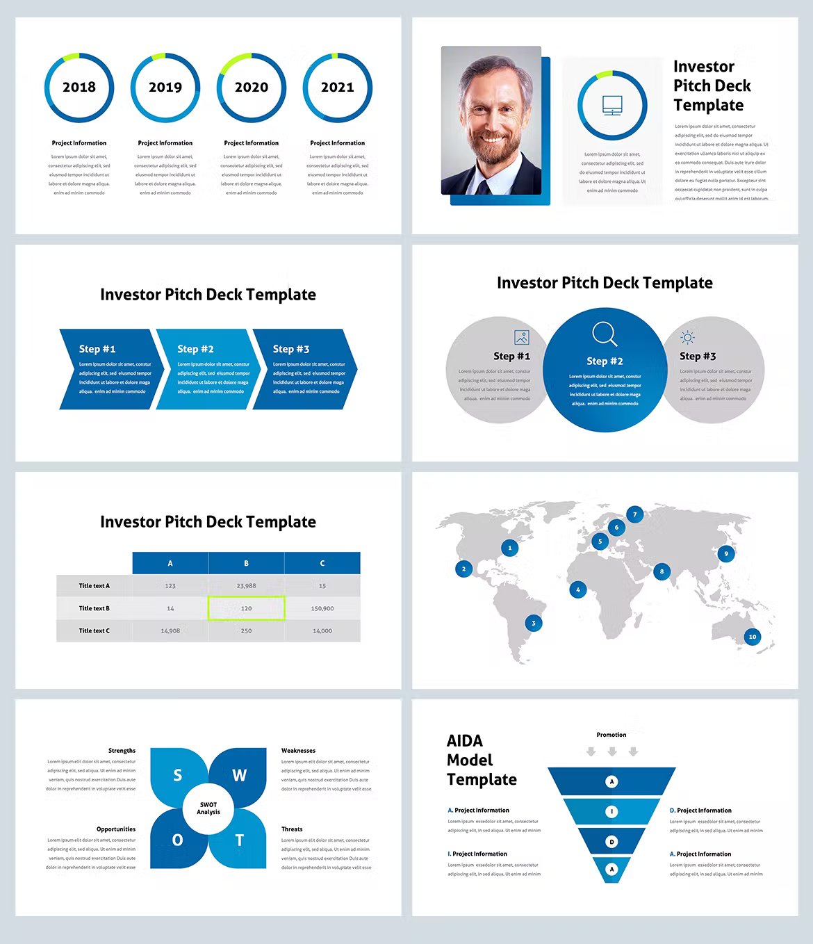 Business slides with blue elements.