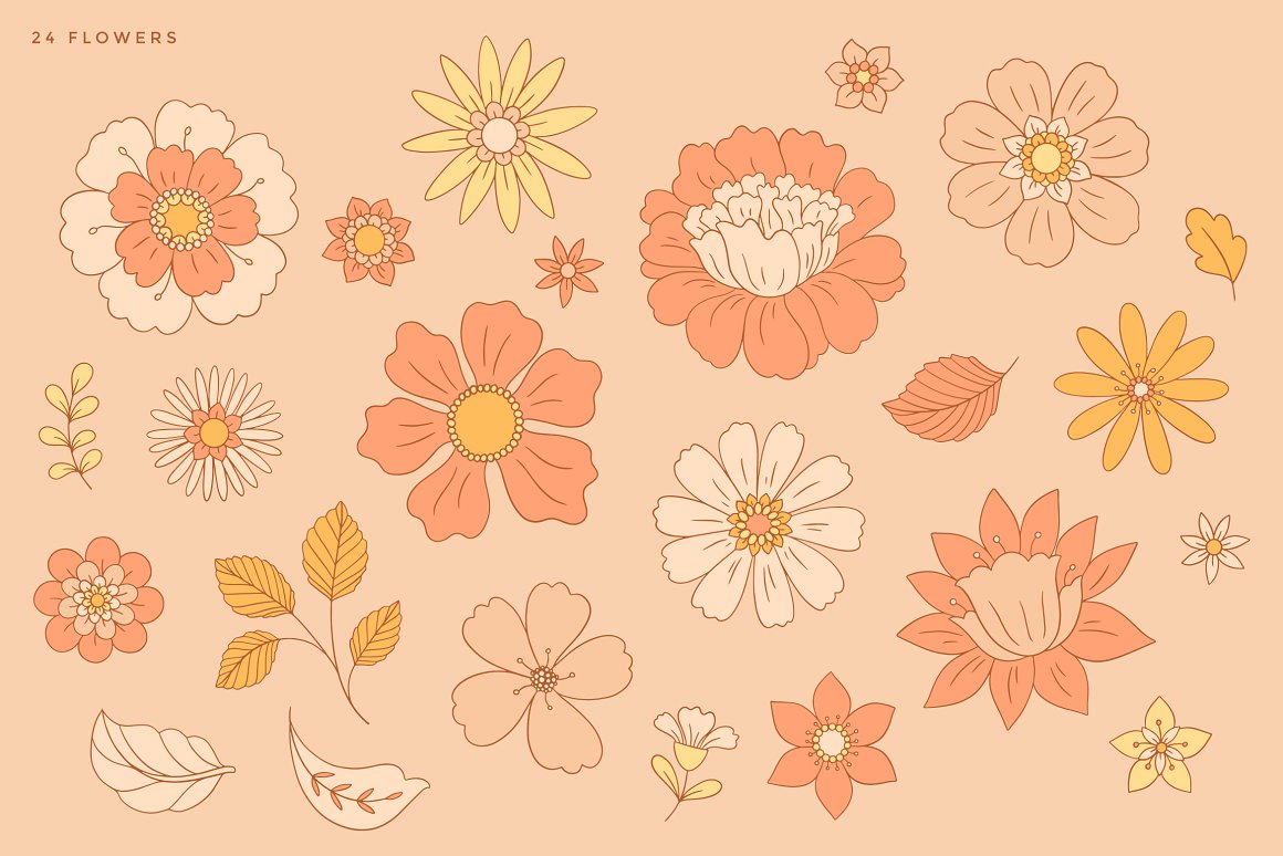Drawings of flowers of different colors.
