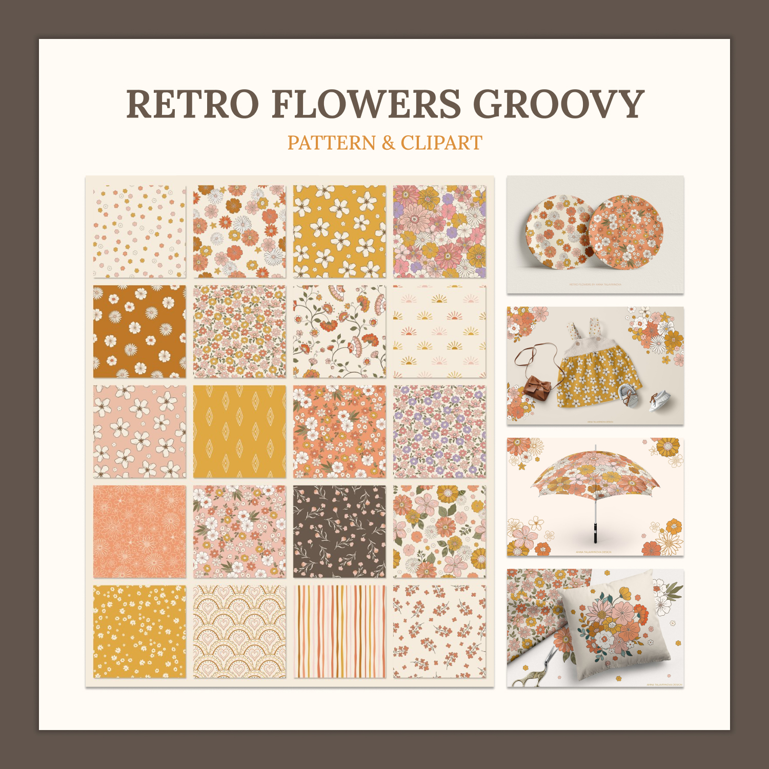 Preview retro flowers groovy pattern clipart.