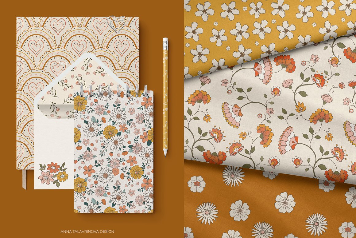 Retro flowers stationery and fabric.
