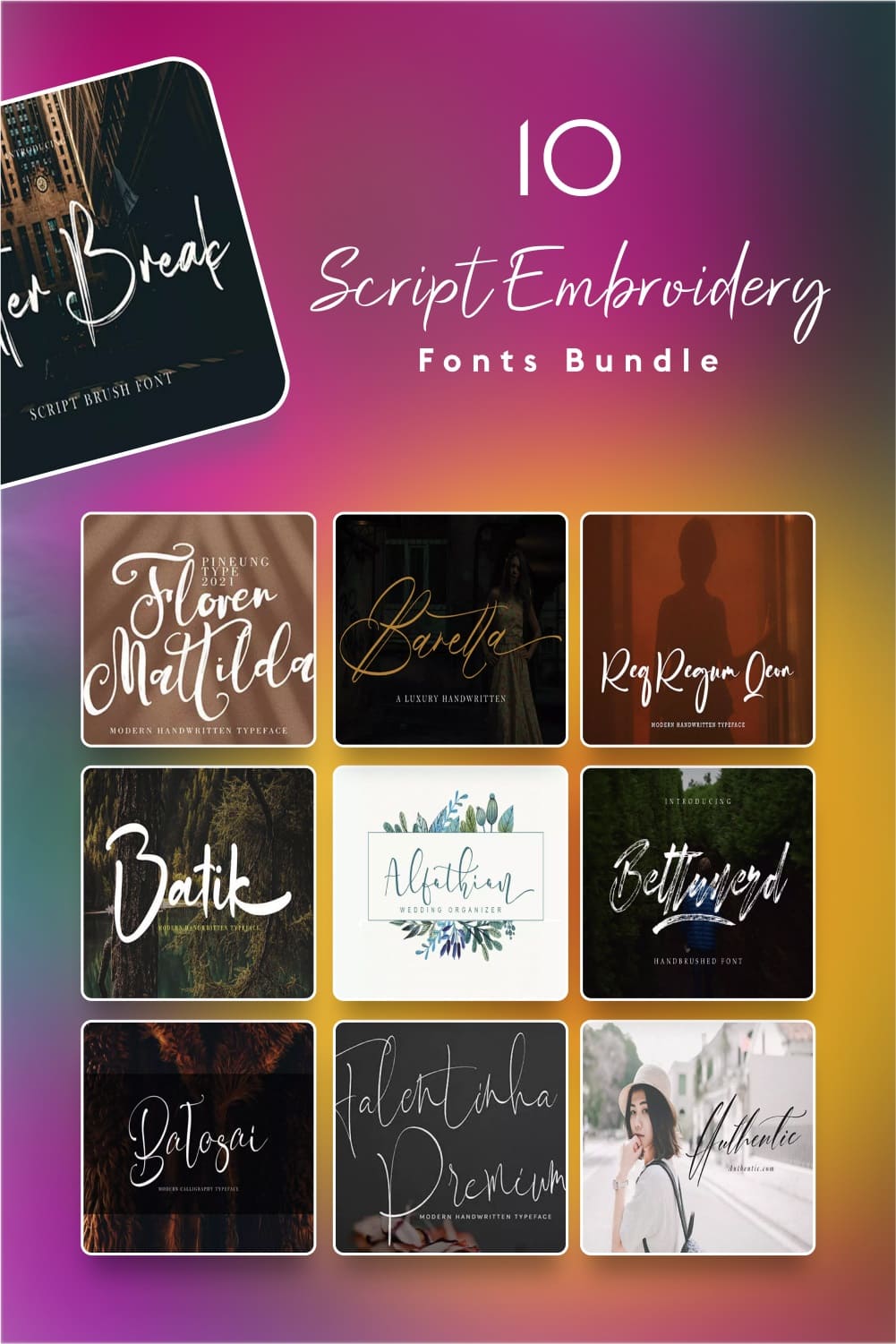 Script embroidery fonts bundle Pinterest collage image.