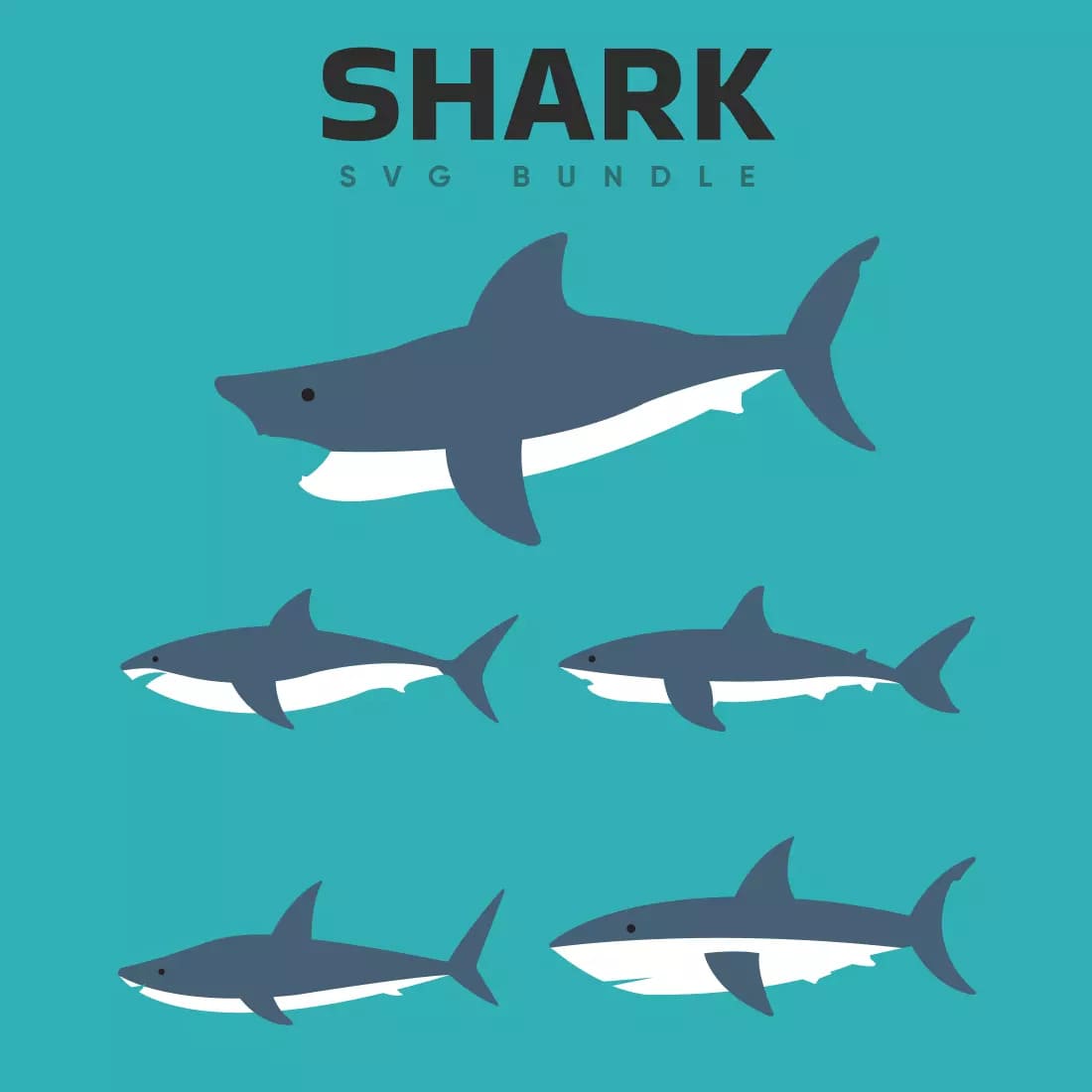 Group of sharks with the words shark svg bundle.