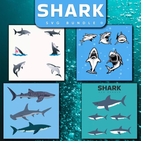 Group of shark illustrations on a blue background.