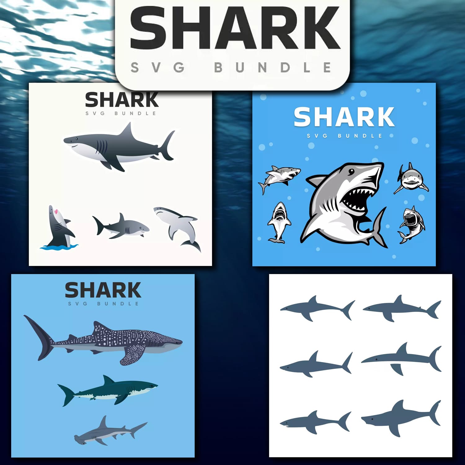 Group of shark pictures on a blue background.