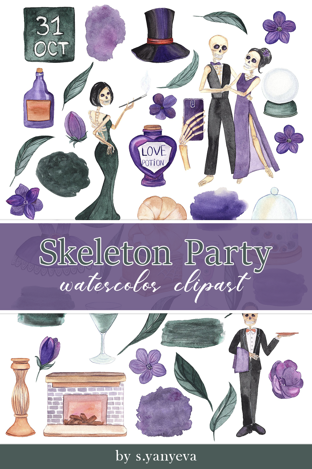 Skeleton party watercolor clipart of pinterest.