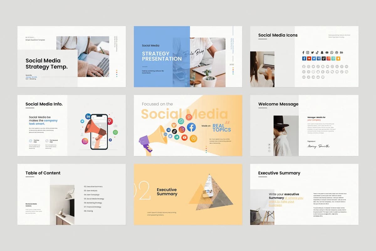 social media strategy template, welcome and summary slides.