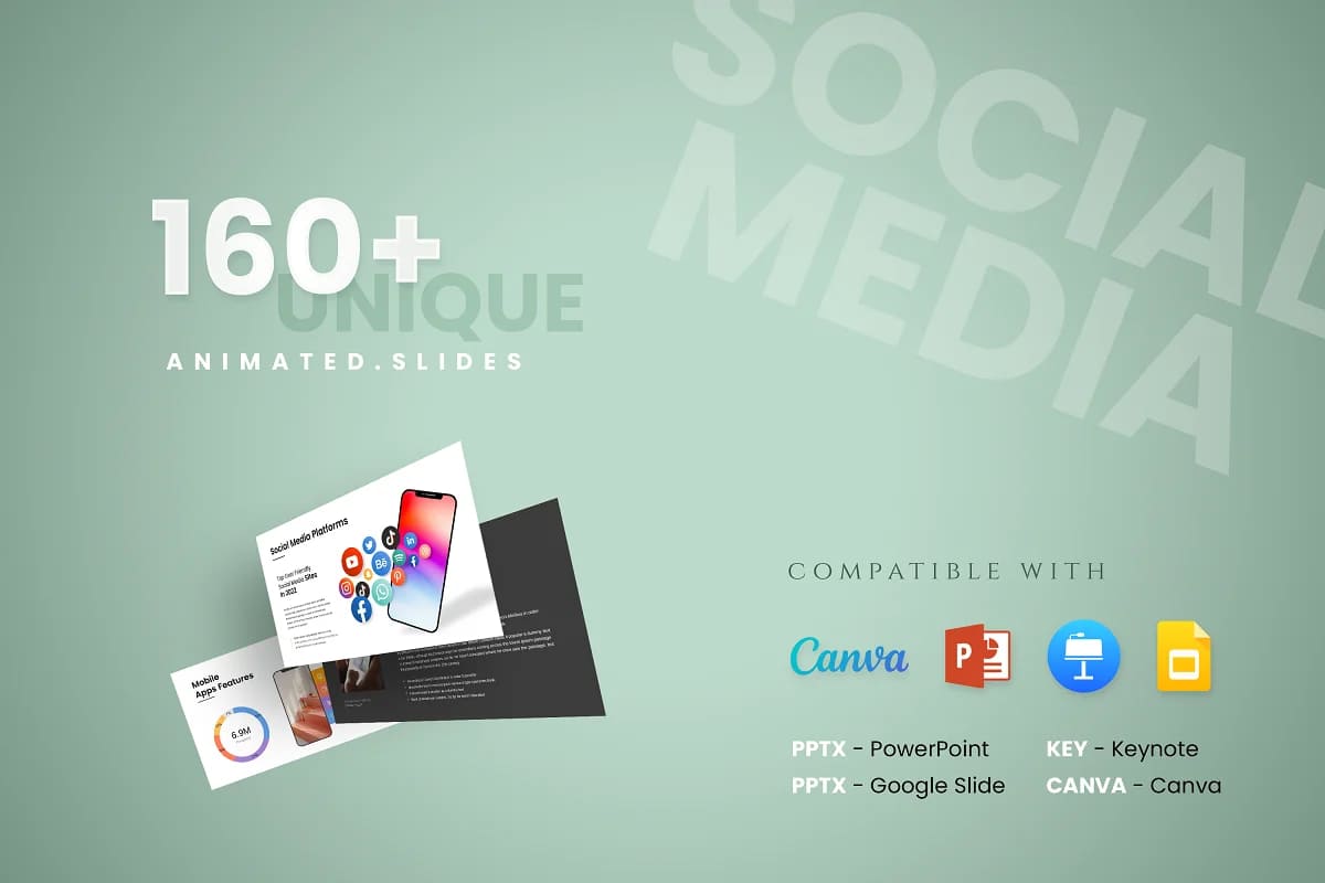 social media strategy template, 160 unique animated slides.