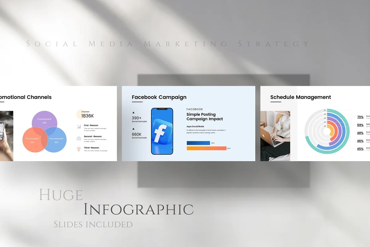 social media strategy template, infographics slides.