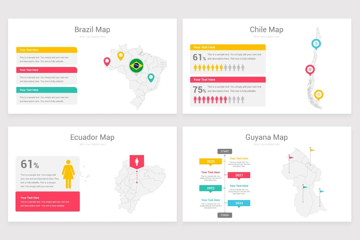 south america maps powerpoint, brazil, chile, ecuador, guyana maps.
