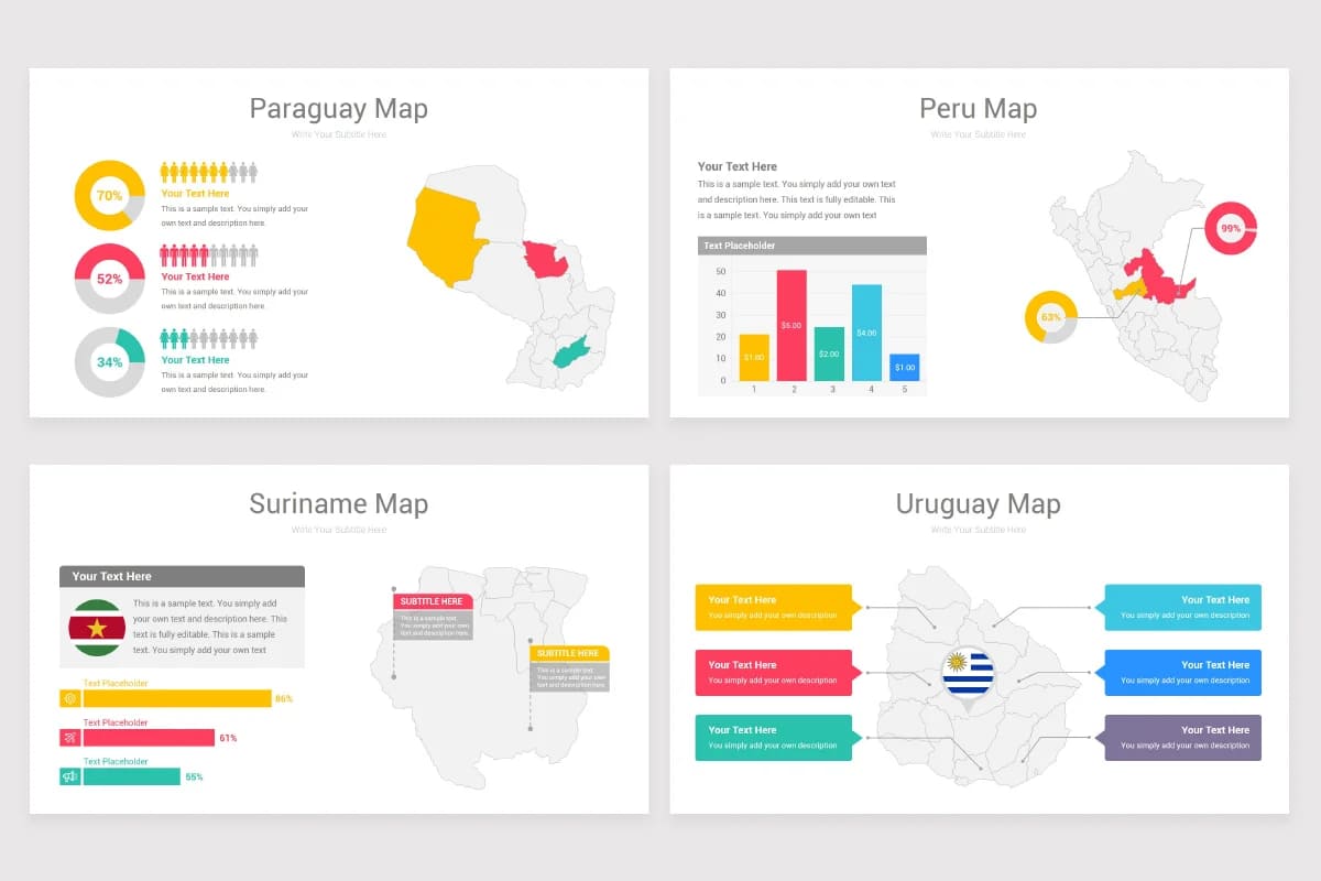 south america maps powerpoint, paraguay, peru, uruguay, suriname maps.
