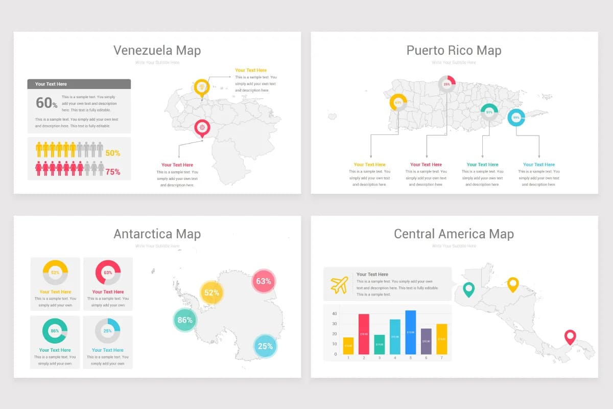 south america maps powerpoint, venezuala, puerto rico, antarctica, central america maps.