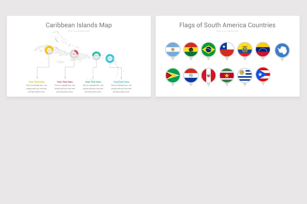 south america maps powerpoint, caribbean islands map, flags of south america.