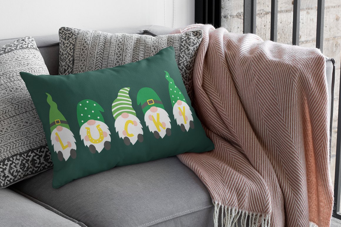 Print on a pillow with gnomes.