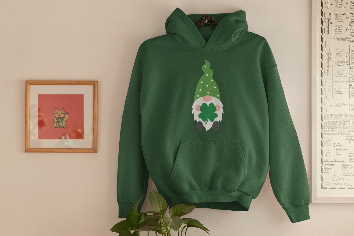 The hoodie is beautiful in green with a gnome.