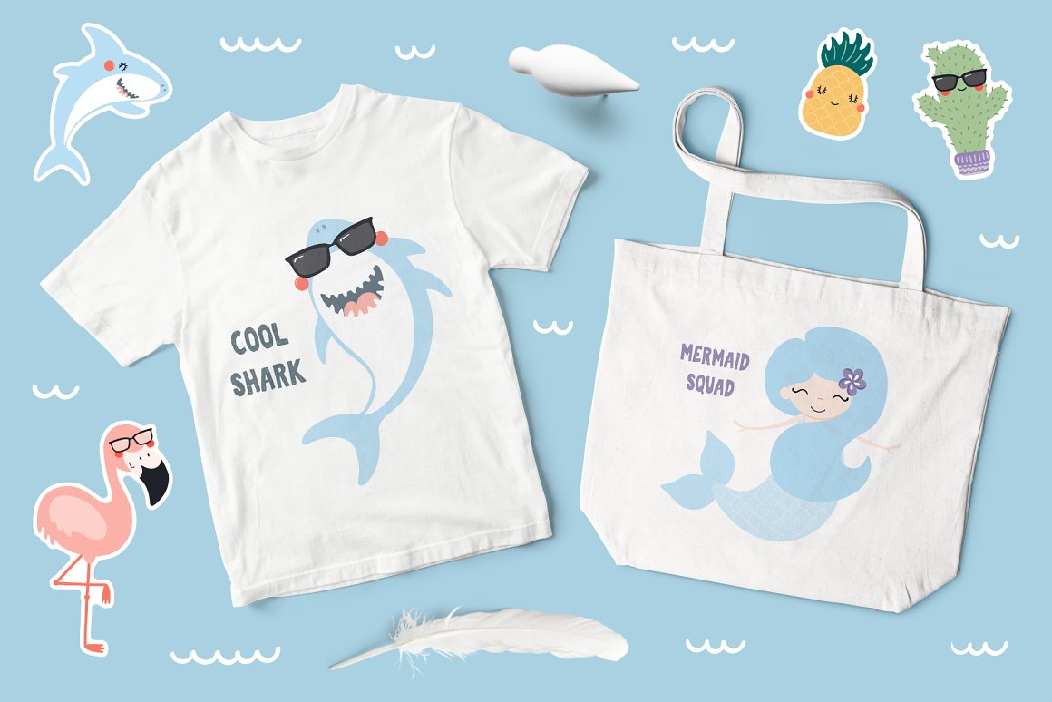 T-shirt with a bag and shark and mermaid prints.