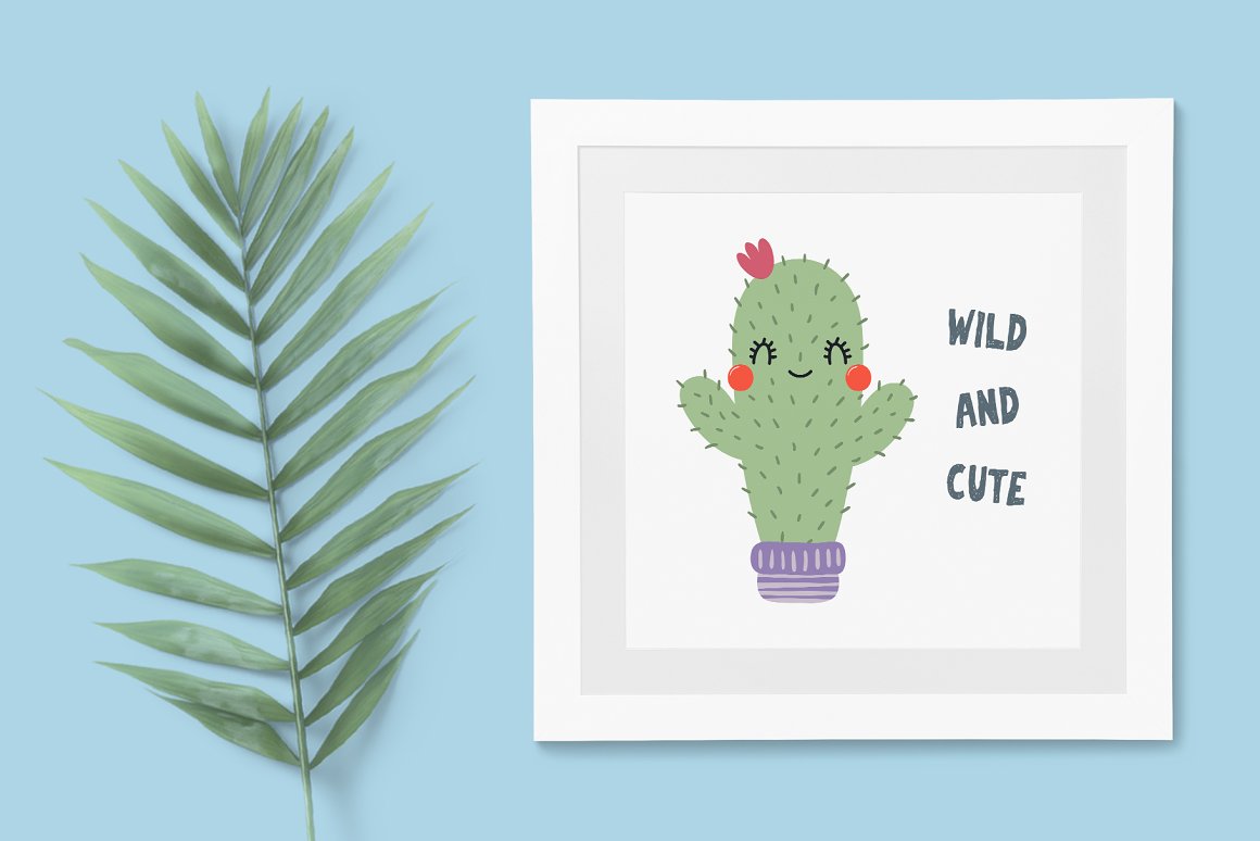 White picture with cute cactus.