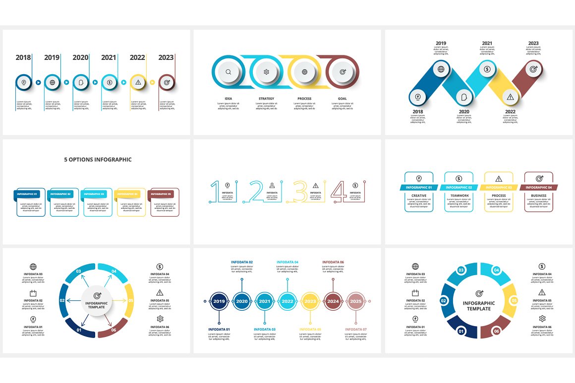 Zigzags, circles and other infographics.