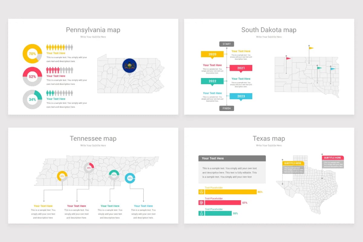 usa counties maps powerpoint, pennsylvania, south dakota, tennessee, texas maps.