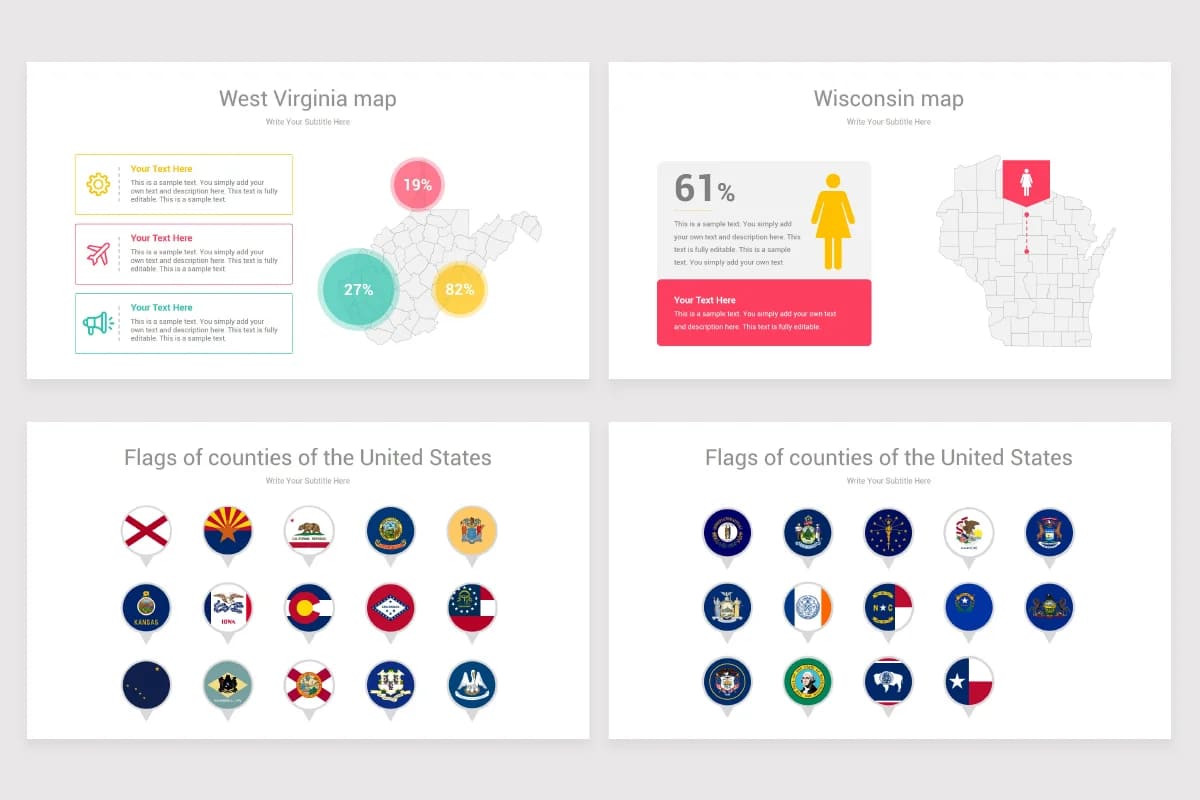 usa counties maps powerpoint, west virginia, wisconsin maps, flags of counties.