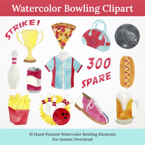 Watercolor bowling clipart preview.