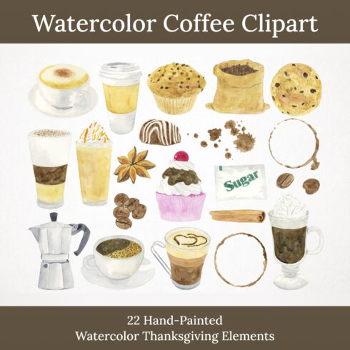 Watercolor coffee clipart preview.