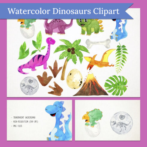 Watercolor dinosaurs clipart preview.