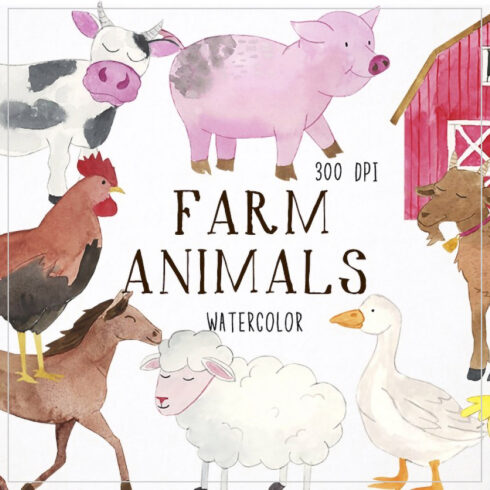 Watercolor farm animals clipart preview.