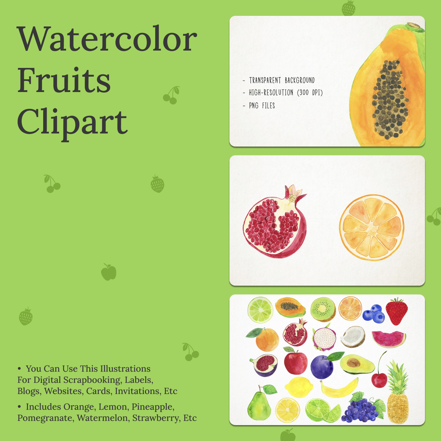 Watercolor fruits clipart preview.