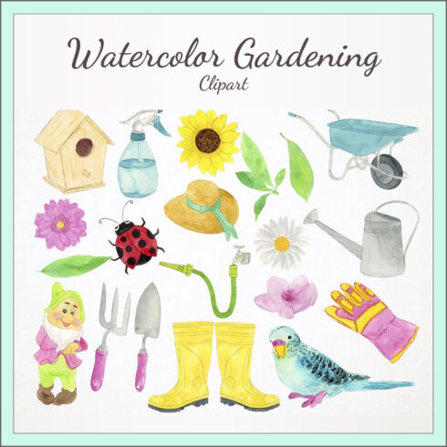 Watercolor gardening clipart preview.