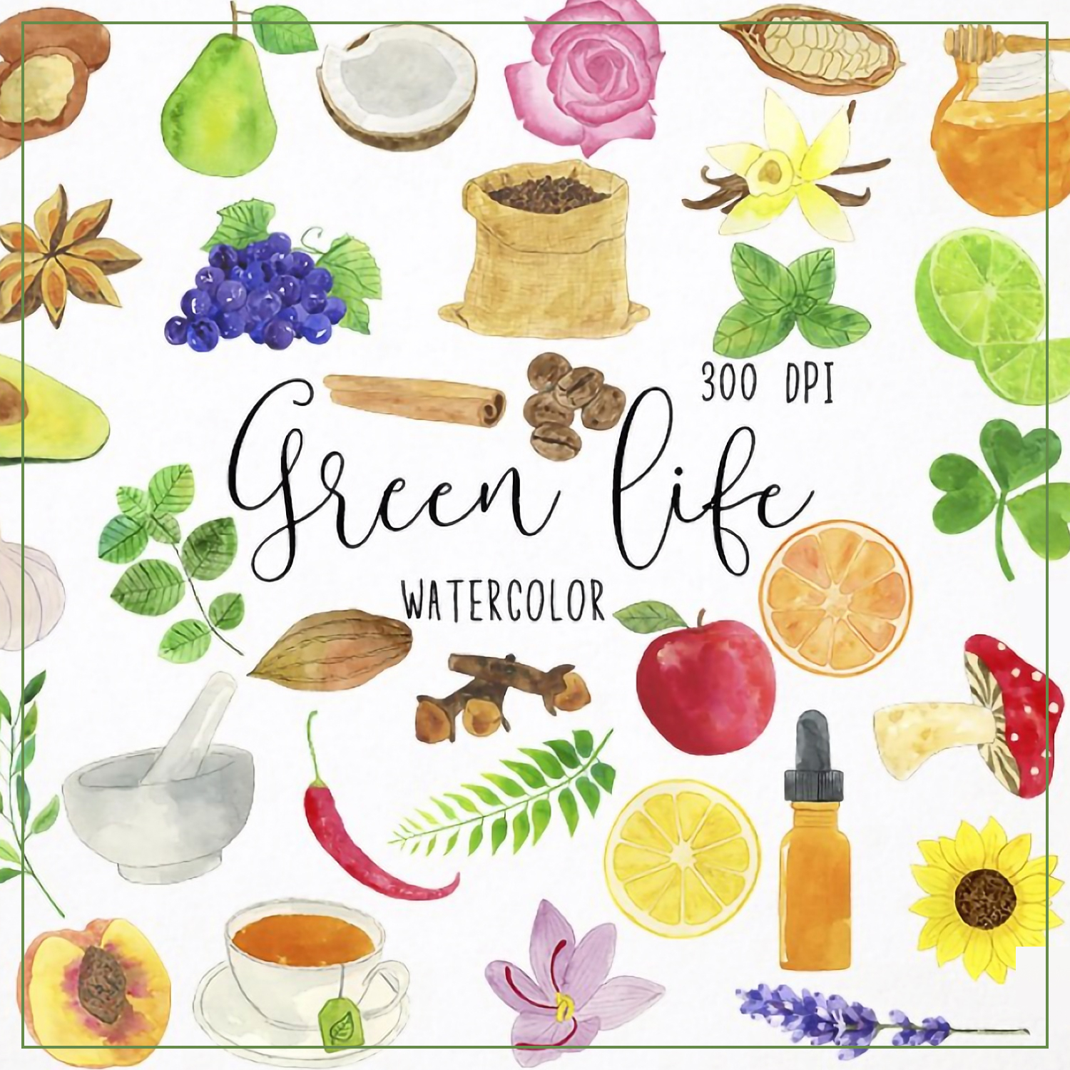 Watercolor green life clipart preview.