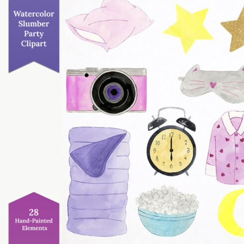 Watercolor slumber party clipart preview.